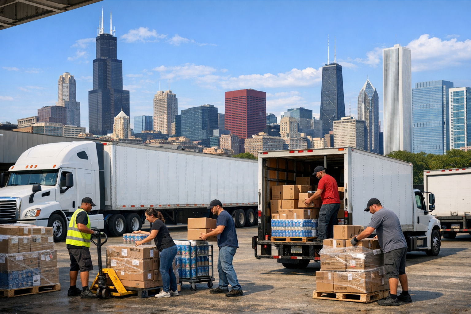 Photo of warehouseDelivery trucksChicago skyline trucksTeam loading products Photo of warehouseDelivery trucksChicago skyline trucksTeam loading products