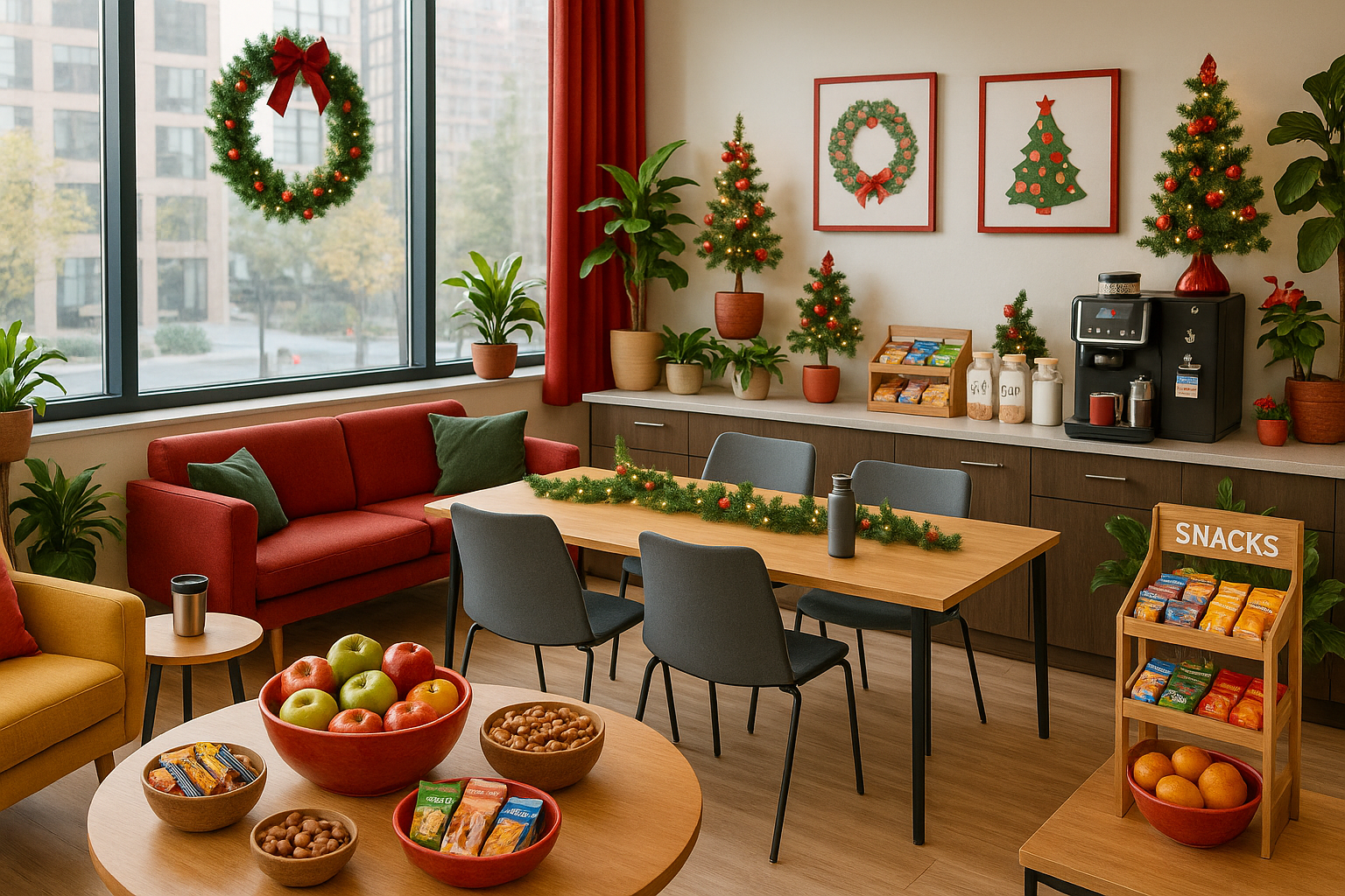 The image depicts a modern office breakroom designed for collaboration and comfort Sunlight streams through large windows illuminating a spacious area-1