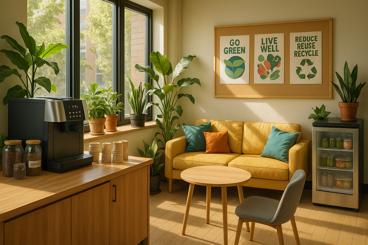 The image showcases a modern ecofriendly breakroom in an office setting Sunlight pours through large windows illuminating a cozy corner filled with lu The image showcases a modern ecofriendly breakroom in an office setting Sunlight pours through large windows illuminating a cozy corner filled with lu