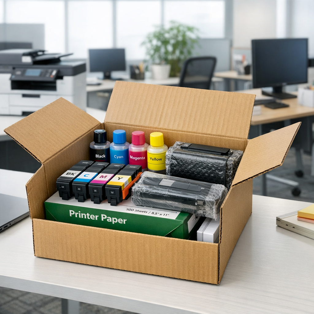 photographic modern office setting with open delivery box filled with printer supplies including ink cartridges